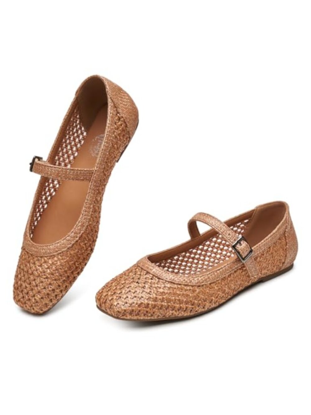 Woven Mary Jane Flats Memory Foam Cushioned Square Toe Buckle Comfort